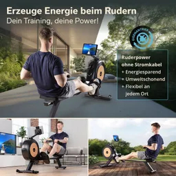 Rudergerät in modernem Raum. Person sitzt auf dem Gerät und hält das Ruderband. Bildschirm zeigt eine Landschaft. Pflanzen im Hintergrund.