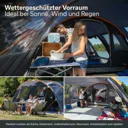Wettergeschützter Vorraum mit mehreren Bereichen. Erwachsene und Kinder am Tisch, Zelt mit verschiedenen Nutzungsmöglichkeiten. Getränke und Utensilien sichtbar.