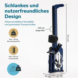 Schlittschuh-Rudergerät in blauer Farbe mit höhenverstellbaren Standfüßen. Maße: 211 cm hoch, 54 cm breit, 47 cm tief. Maximales Benutzergewicht: 180 kg und Körpergröße: 200 cm. Gewicht: 30 kg.
