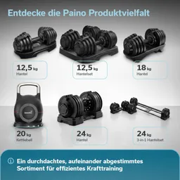 Auswahl an Hanteln und Kettlebell in verschiedenen Gewichten: 12,5 kg, 18 kg, 20 kg und 24 kg, auf hellgrauem Hintergrund.