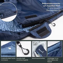 Eine blaue Jacke mit Reißverschluss und Klettverschlüssen. Innenseite zeigt geometrisches Muster. Details wie Tasche und Waschsymbol sichtbar.