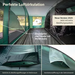 Zeltinneres mit verschiedenen Belüftungsöffnungen, Fenstern und einem Eingang, überwiegend in Grün- und Schwarztönen.