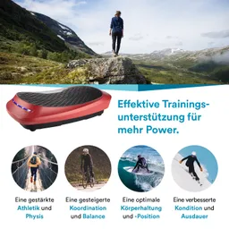 Eine Person steht auf einem Felsen in einer Berglandschaft. Im Vordergrund liegt ein rotes Trainingsgerät. Rechts sind vier thematische Punkte zu sehen.