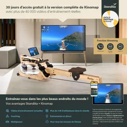Rudermaschine aus Holz steht im Raum, daneben ein Fernseher, der ein Outdoor-Training zeigt. Tablet und Smartphone sichtbar.