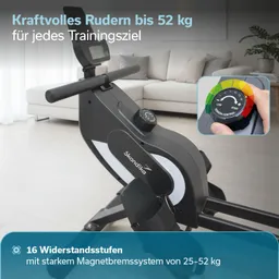 Rudergerät mit Display, verstellbarem Widerstand bis 52 kg und Fußrasten in einem modernen Raum mit Sofa und Vorhängen.