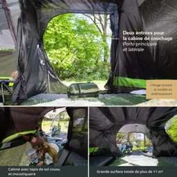 Zelt mit zwei Eingängen, Innenansicht mit Matratze und Personen, die auf dem Boden sitzen. Grüne Bäume im Hintergrund.