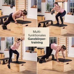 Person in sportlicher Kleidung macht verschiedene Übungen auf einer gepolsterten Holzkiste in einem Fitnessraum.