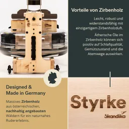 Holzrahmen mit einem runden, transparenten Behälter, Text über die Vorteile von Zirbenholz, Logo und Markenname.