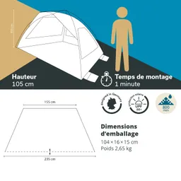Zelt mit Maßen und Montagezeit. Höhe 105 cm, Breite 155 cm, Länge 235 cm. Verpackungsgröße 104×16×15 cm, Gewicht 2,65 kg.