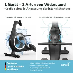 Fitnessgerät mit Wasser- und Elektrowiderstand. Anzeige für Intensitätsstufen, Markenlogo und Kundeninformationen.