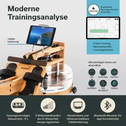 Wasser-Rudergerät aus Holz mit Tablet-Halterung, Anzeige für Trainingsdaten, und Details zu Funktionen in einer Übersicht.