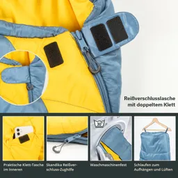 Nahaufnahme einer blauen Taschenart mit gelbem Innenfutter, Reißverschluss und Klettverschluss rechts. Inset zeigt eine Klett-Tasche. Unten drei Bilder: Tasche in der Waschmaschine, Zughilfe und Aufhängeschlaufen.