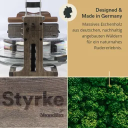 Wasserrudergerät aus Holz mit Eschenholzoberfläche, illustrativen Text und Bild eines Waldes in der unteren rechten Ecke.