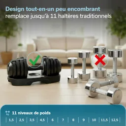 Verstellbare Hantel auf einem Tisch, umgeben von konventionellen Hanteln in verschiedenen Größen. Hintergrund mit Sofa und Pflanzen.