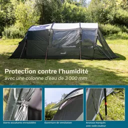 Zelt in der Natur auf einer Wiese, umgeben von Bäumen. Text über Feuchtigkeitsschutz und technische Details.