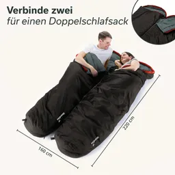 Zwei Schlafsäcke in Schwarz, verbunden, mit zwei Personen, die entspannt darin liegen. Maße: 220 cm x 160 cm.