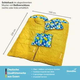 Schlafsack in Gelb mit buntem Innenmuster und Kissen, Maße 220 cm x 160 cm, Reißverschluss seitlich.