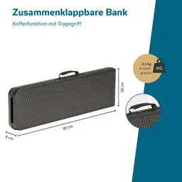 Zusammenklappbare Bank in grau mit Traggriff und Kofferfunktion, Maße 90 cm x 28 cm x 8 cm, Gewicht 6,5 kg.