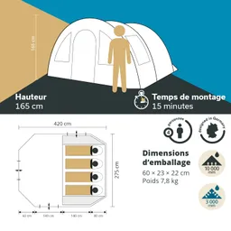 Zelt mit einer Höhe von 165 cm, Platz für 4 Personen, Montagezeit 15 Minuten, Verpackungsmaße 60 x 23 x 22 cm.
