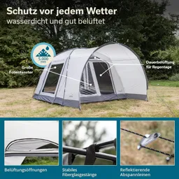 Das Bild zeigt ein großes, graues Zelt auf einer Rasenfläche, umgeben von Bäumen. Es hat große Folienfenster und ist mit markierten Eigenschaften wie Belüftungsöffnungen und stabilen Fibergestängen versehen.