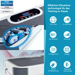 Vibrationsplatte mit Display, technischen Details und Symbolen für Funktionen wie Bluetooth und Fernbedienung.