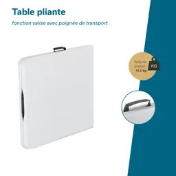 Faltbare Tischplatte in Weiß mit Tragegriff, verpackt wie eine Tasche. Gewicht des Produkts: 10,5 kg.