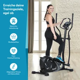 Elipsentrainer mit Person in Sportkleidung, die lächelt. Helle Räume mit Fenstern und neutralem Boden. Icons für Fitnessziele.
