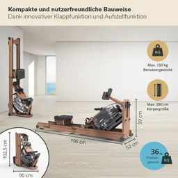 Rudergerät aus Holz mit klappbarer Funktion. Angaben zu Benutzergewicht (max. 150 kg) und Körpergröße (max. 200 cm).