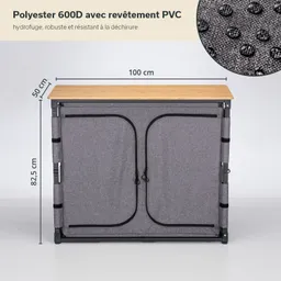 Grauer Schrank mit zwei Türen und Holzoberfläche. Maße: 100 cm (B), 50 cm (H), 82,5 cm (T). Stoff mit PVC-Beschichtung.