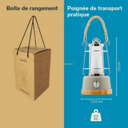 Verpackung einer Lampe mit Tragegriff auf der linken Seite, Lampe in grauer und holzfarbener Ausführung auf der rechten Seite. Maße: 23 cm hoch, 12,6 cm Durchmesser, Gewicht 0,6 kg.