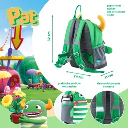 Grüner Rucksack mit Hornapplikationen, gepolstertem Rücken, verstellbaren Trägern und seitlichen Netztaschen.