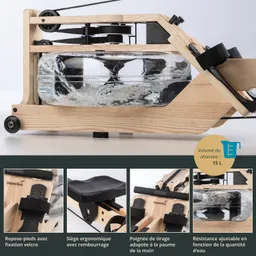 Rudermaschine aus Holz mit Wasserbehälter, ergonomischem Sitz und verstellbaren Fußstützen. Wasserreservoir hat 15 L.