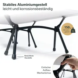 Aluminiumgestell eines Tisches mit stabilen, rutschfesten Standfüßen und Informationen zu Benutzergewicht und Aufbau.