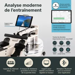 Rudermaschine mit Wassertank, Tablet-Halterung und Bedienelementen. Grafik mit Trainingsdaten und Funktionen.