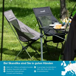 Zwei Faltstühle stehen auf einer Wiese neben einem klappbaren Tisch. Auf dem Tisch sind Geschirr und Snacks zu sehen.