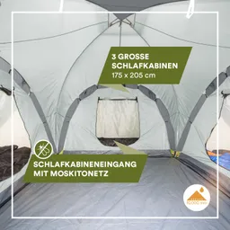 Innenraum eines Zeltes mit drei Schlafkabinen. Sichtbare Fenster mit Moskitonetz, helle Wände und grauer Boden.