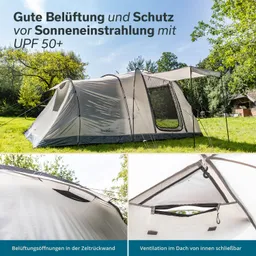 Zelt auf einer Wiese, umgeben von Bäumen. Grafik mit Informationen zu Belüftung und UV-Schutz. Details zu Öffnungen und Belüftung.