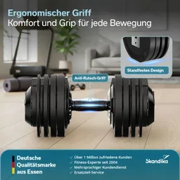 Gewicht mit ergonomischem Griff und Anti-Rutsch-Oberfläche, auf einem Holzboden mit Fitnessgeräten im Hintergrund.