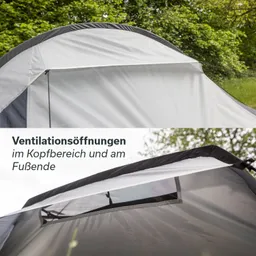 Ventilationsöffnungen an einem Zelt, sichtbar im oberen Bereich und am Fußende, umgeben von grünen Bäumen.