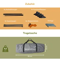 Zubehörliste für ein Zelt: Aufstellstangen, Kunststoffkappen, Querstangen, Abspannleinen, Heringe und Tragetasche.