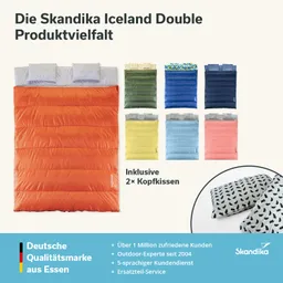 Bunte Schlafsäcke in verschiedenen Farben und Designs, zusammen mit zwei Kopfkissen, auf hellem Hintergrund.