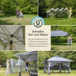 Zelt in der Natur, mehrere Schritte zum Auf- und Abbau, Person beim Aufstellen, graue Markise und seitliche Netze sichtbar.