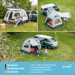 Zelt in einer Wiese, mit einer Person auf einem Stuhl und einer weiteren Person, die steht. Ein Fahrzeug ist daneben geparkt.