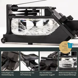 Fitnessgerät mit Wassertank. Sichtbare Details: Fußauflagen, ergonomischer Sitz und verstellbare Handgriffe. 15 L Volumen.
