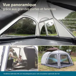Panoramazelt mit großen Fenstern und Türen. Innenansicht mit zwei Personen auf einer Couch. Außenansicht des Zeltes im Freien.