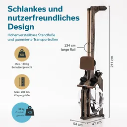Rudermaschine mit einem Holzrahmen, einem wassergefüllten Tank, verstellbaren Standfüßen und Gummirädern. Maße und Gewichtsangaben sind angegeben.