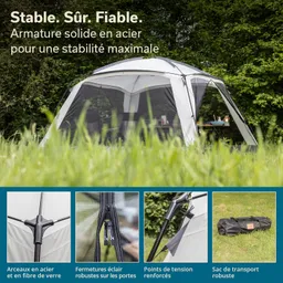 Zelt mit stabiler Stahlkonstruktion in der Natur, umgeben von Gras und Bäumen. Detailansichten von Zeltbestandteilen.