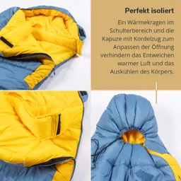 Isolierte Jacke in Blau und Gelb mit Innenfutter. Sichtbar sind Kragen und Kapuze mit Kordelzug.