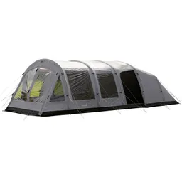 Graues Campingzelt mit mehreren Fenstern und einem gewölbten Dach. Mehrere Abspannleinen sind sichtbar.