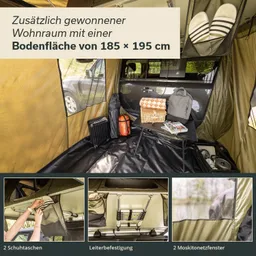 Zusätzlicher Wohnraum in einem Zelt mit Bodenfläche von 185 × 195 cm. An einer Wand ist ein Auto sichtbar. Innen befinden sich Taschen, ein Tisch, eine Kühltasche und einige persönliche Gegenstände. Es gibt zwei Moskito-Fenster.